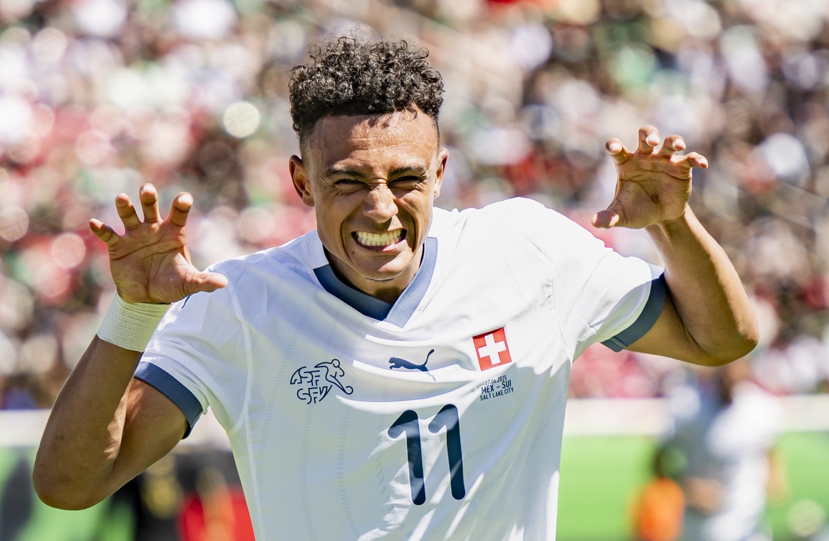 Switzerland's Dan Ndoye celebrates after scoring the 1:3 goal during a Friendly soccer match between Mexico and Switzerland at the Rice-Eccles Stadium, in Salt Lake City, Utah, United States of A ...