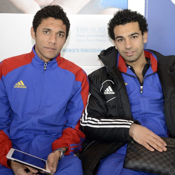 FC Basel's Mohamed Elneny, left, and Mohamed Salah, right, on their way home at the airport of Dnipropetrovsk, Ukraine, on Friday, February 22, 2013. Switzerland's FC Basel 1893 played again ...