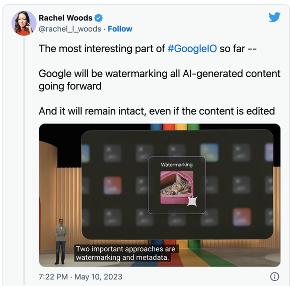 Twitter-Screenshot: Google will in Zukunft alle KI-generierten Inhalte mit einem digitalen Wasserzeichen versehen, wie an der Entwicklerkonferenz I/O 2023 angekündigt wurde.