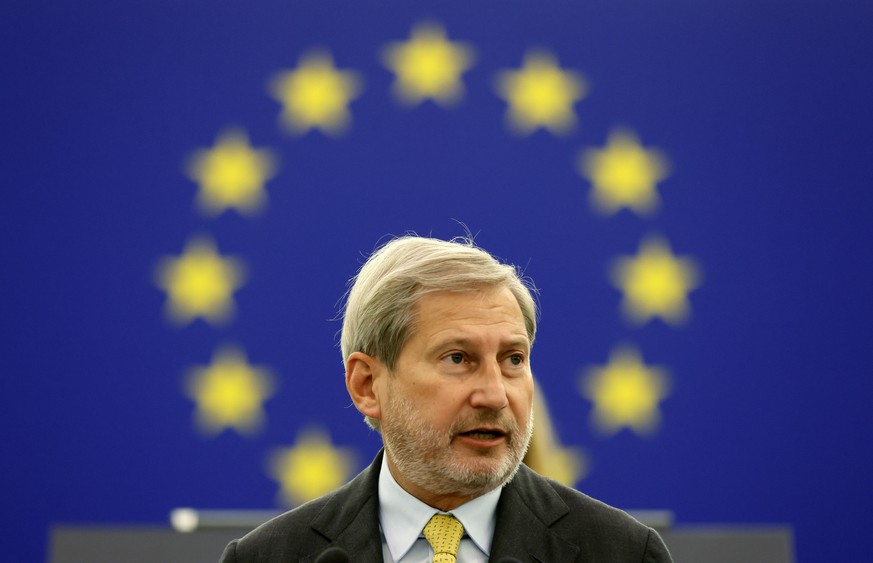 European Commissioner for Budget and Administration Johannes Hahn delivers his speech Tuesday, Oct. 19, 2021 during a debate on the 2022 General budget of the European Union at the European Parliament ...