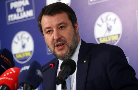epa10465559 Italy's League party leader and deputy prime minister Matteo Salvini holds a press conference about the outcome of the regional elections, in Milan, northern Italy, 13 February 2023. ...