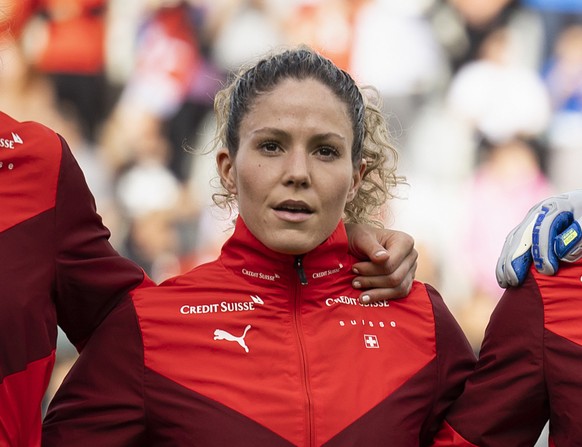 Switzerland&#039;s Lia Waelti, Gaelle Thalmann, Ana-Maria Crnogorcevic and Luana Buehler, from right, sing the national anthem prior to the FIFA Women&#039;s World Cup 2023 qualifying round group G so ...