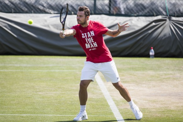 Stan Wawrinka of Switzerland in action during a training session at the All England Lawn Tennis Championships in Wimbledon, London, Sunday, July 1, 2018. The Wimbledon Tennis Championships 2018 will b ...