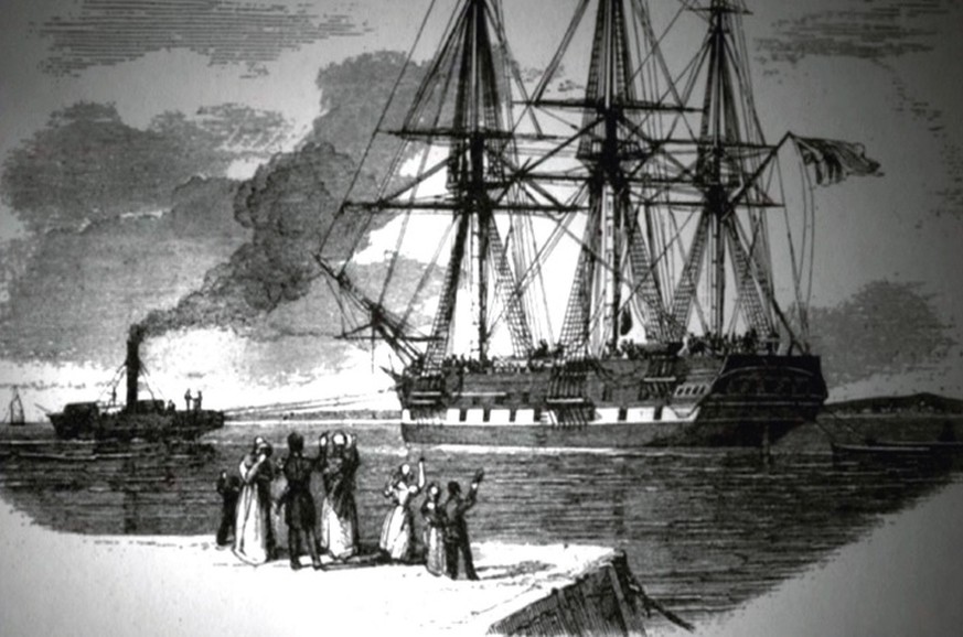 Ca. 1840:&nbsp;Daheimgebliebene winken am Hafen von Le Havre ihren Freunden und Verwandten zu, die sich per Schiff in die Neue Welt aufmachen.&nbsp;<br data-editable="remove">