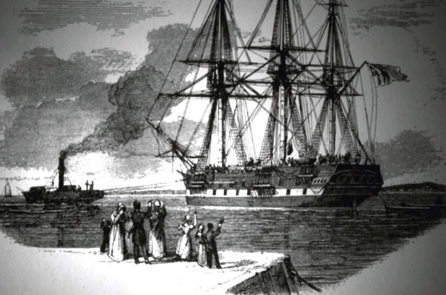 Ca. 1840: Daheimgebliebene winken am Hafen von Le Havre ihren Freunden und Verwandten zu, die sich per Schiff in die Neue Welt aufmachen. 