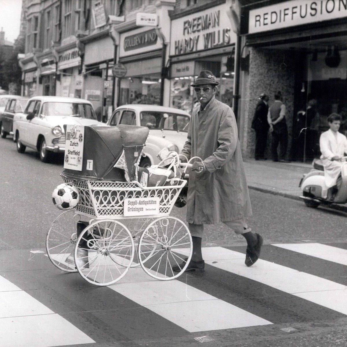 Jul. 06, 1966 - Walking from Switzerland for the World Cup - Emilio Holliger, 48, who is walking from Zurich, Switzerland, to Sheffield, to watch the World Cup matches is pictured in Dover where he ar ...
