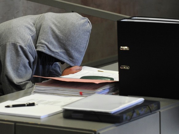 Der Angeklagte Georg R. versteckt sich mit mit Kapuze und Brille bekleidet vor Prozessbeginn, am Donnerstag, 22. April 2010, in einem Gerichtssaal des Landgerichts von Ansbach, Bayern. Die Staatsanwal ...