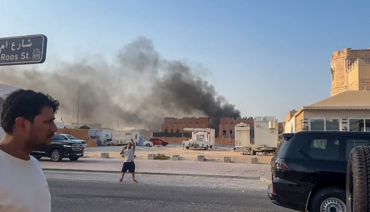 This frame grab taken from an AFPTV footage shows smoke billowing after explosions in Qatar's capital Doha on September 9, 2025. An Israeli military official told AFP that the military had carrie ...