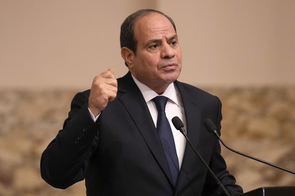 FILE - Egyptian President Abdel Fattah el-Sissi gestures during a joint press conference with French President Emmanuel Macron in Cairo, Egypt, on Oct. 25, 2023. President Abdel-Fattah el-Sissi of Egy ...