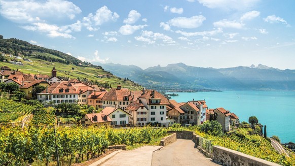 Geniesse herrliche Aussichten auf die Reben, die Berge und den Genfersee.