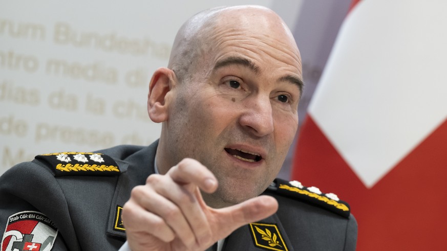 Korpskommandant Thomas Suessli, Chef der Armee, spricht an einer Medienkonferenz zur Armeebotschaft 2023, am Mittwoch, 15. Februar 2023, im Medienzentrum Bundeshaus in Bern. (KEYSTONE/Anthony Anex)