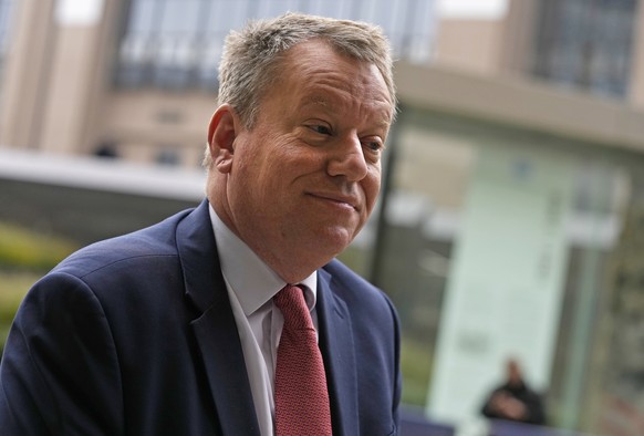 United Kingdom&#039;s Brexit negotiator Lord David Frost speaks with the media as he arrives for a lunch with European Commissioner for Inter-institutional Relations and Foresight Maros Sefcovic at EU ...