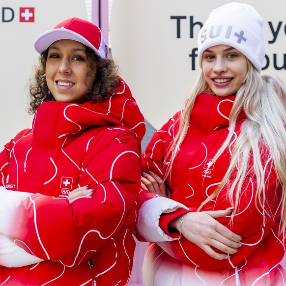 Swiss Figure Skaters Livia Kaiser, left, and Kimmy Repond, right, pose for the photographer, during a press conference of the Swiss women's figure skating team in the House of Switzerland at the  ...
