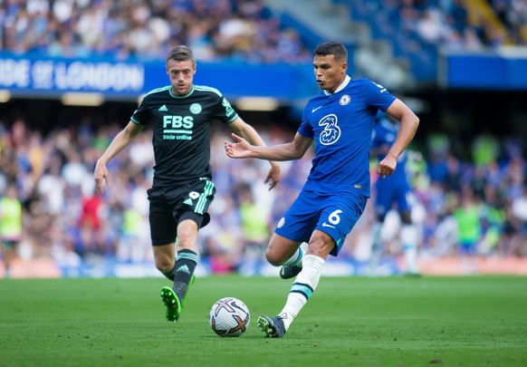 Mandatory Credit: Photo by Mark Greenwood/IPS/Shutterstock 13329843t Thiago Silva of Chelsea is tracked by Jamie Vardy of Leicester City Chelsea v Leicester City, Premier League, Football, Stamford Br ...