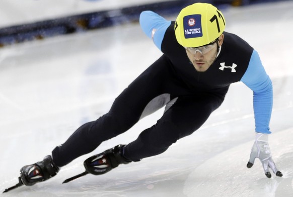 FILE - In this Jan. 5, 2014, file photo, Eduardo Alvarez competes in the men&#039;s 1,000-meters during the U.S. Olympic short track speedskating trials in Kearns, Utah. Alvarez became only the third  ...