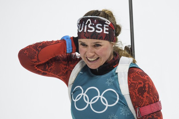 Irene Cadurisch of Switzerland reacts after the women Biathlon 7.5 km Sprint in the Alpensia Biathlon Center during the XXIII Winter Olympics 2018 in Pyeongchang, South Korea, on Saturday, February 10 ...