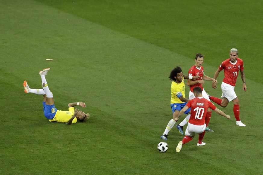 Brazil&#039;s Neymar falls down during the group E match between Brazil and Switzerland at the 2018 soccer World Cup in the Rostov Arena in Rostov-on-Don, Russia, Sunday, June 17, 2018. (AP Photo/Andr ...