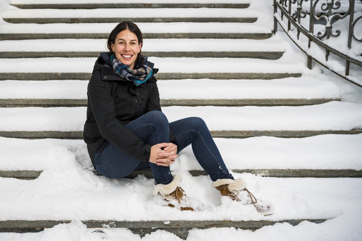 Former ski racer Dominique Gisin from Switzerland, poses during an interview on the sideline of the FIS Alpine Ski World Cup, in St. Moritz, Switzerland, Friday, December 13, 2019. (KEYSTONE/Jean-Chri ...