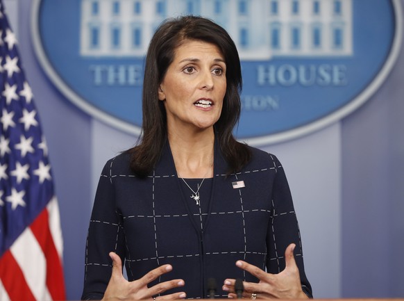 In this April 24, 2017 photo, U.S. Ambassador to the UN Nikki Haley speaks to the media during the daily briefing in the Brady Press Briefing Room of the White House in Washington. Haley tells CNN, `` ...