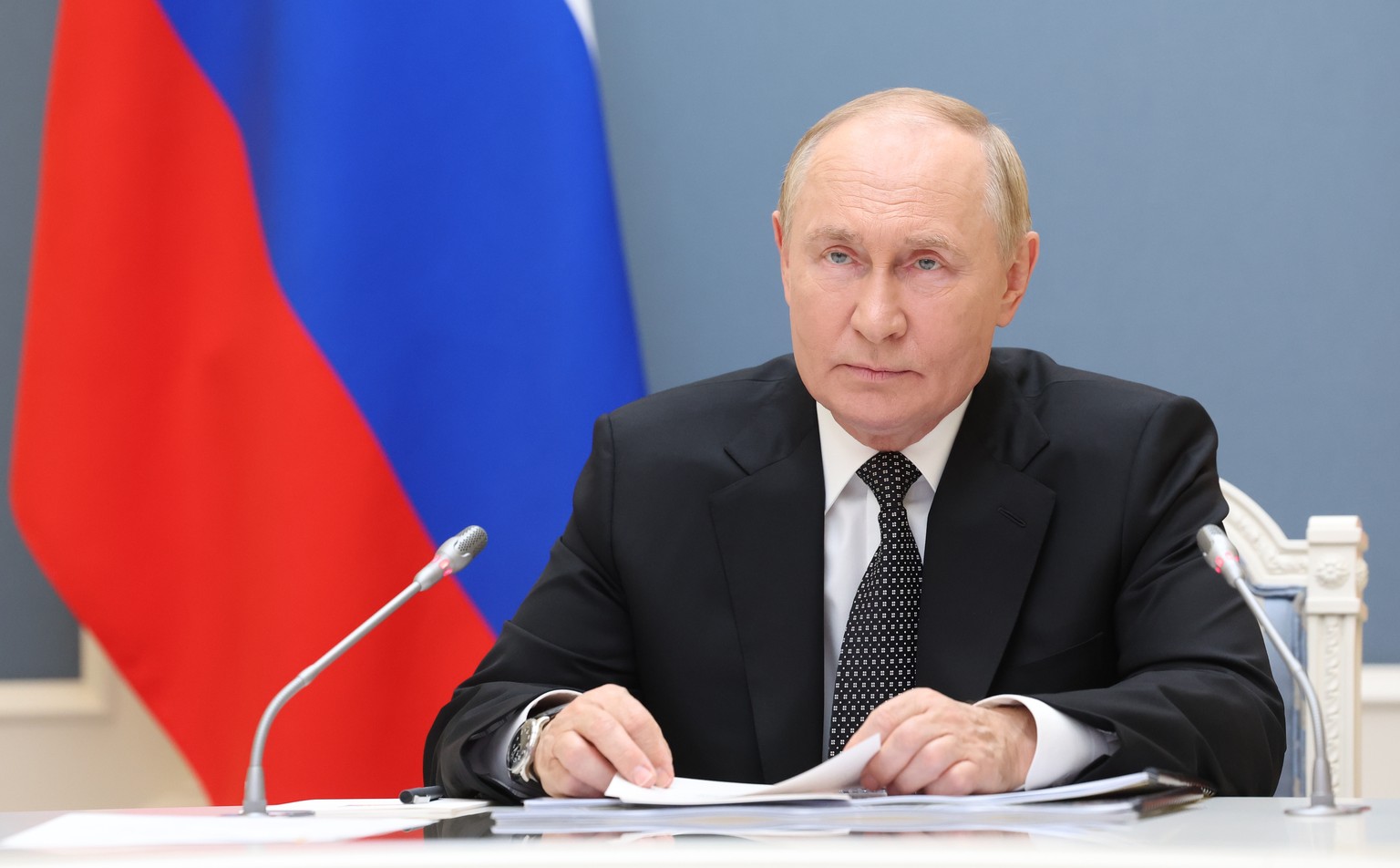 epa11596700 Russian President Vladimir Putin makes an address to launch the active phase of the strategic exercise &#039;Ocean-2024&#039; in the Pacific and Arctic Oceans, the Mediterranean, Caspian a ...