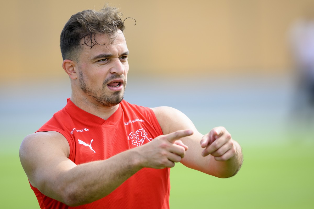 Switzerland's midfielder Xherdan Shaqiri attends an open training session of Swiss national soccer team in preparation for the soccer World Cup Qatar 2022 at the University of Doha for Science an ...