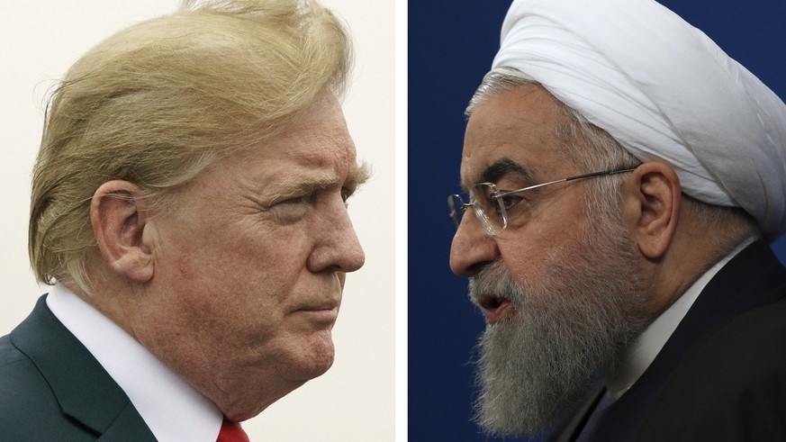 COMBO - This combination of two pictures shows U.S. President Donald Trump, left, on July 22, 2018, and Iranian President Hassan Rouhani on Feb. 6, 2018. In his latest salvo, Trump tweeted late on Sun ...