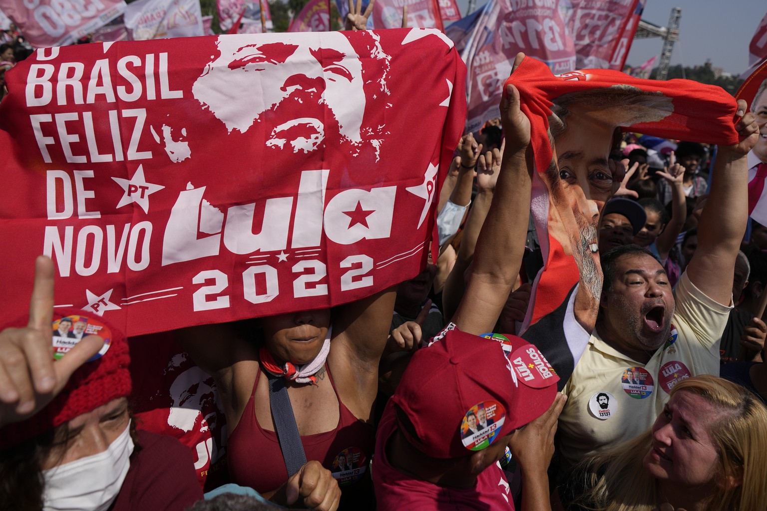 Supporters of Brazil&#039;s former President Luiz Inacio Lula da Silva, who is running for reelection, cheer during a campaign rally in Taboao da Serra, on the outskirts of Sao Paulo, Brazil, Saturday ...