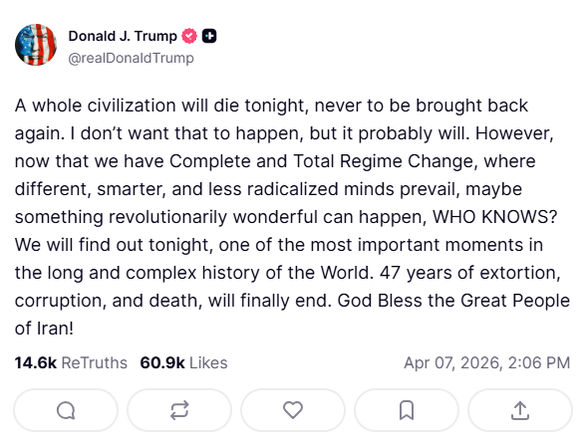 Trump droht in seinem Post der iranischen Zivilisation.