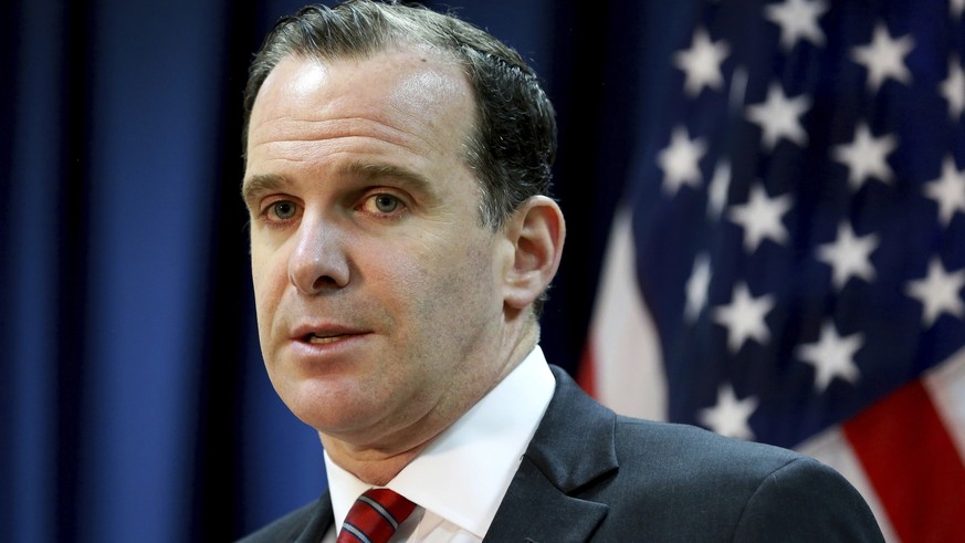 FILE - In this June 7, 2017 file photo, Brett McGurk, the U.S. envoy for the global coalition against IS, speaks during a news conference at the U.S. Embassy Baghdad, Iraq. McGurk has resigned in prot ...