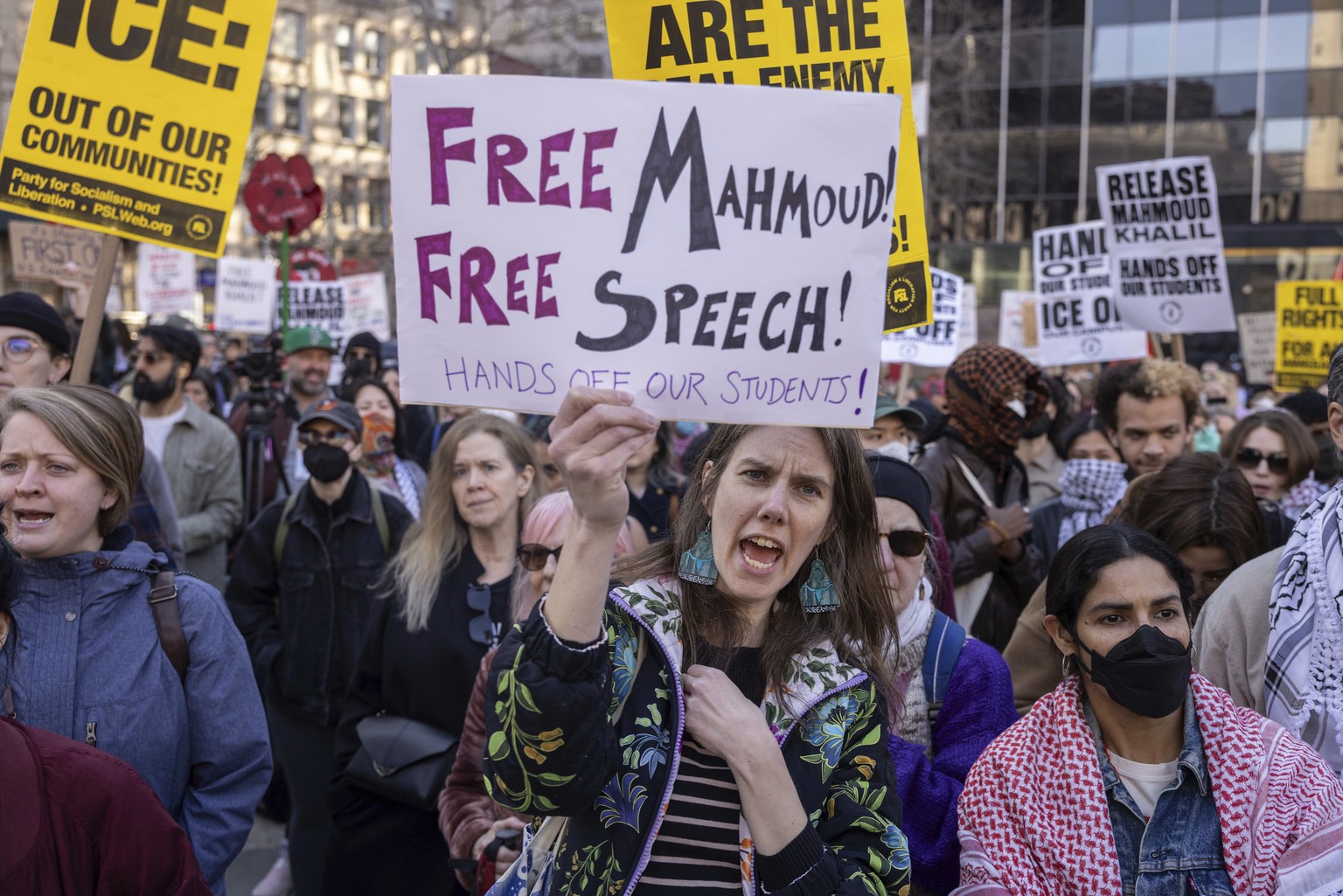 A protester chants during a demonstration in support of Palestinian activist Mahmoud Khalil, Monday, March 10, 2025, in New York. (AP Photo/Yuki Iwamura)
Campus Protests-Immigration Arrest
