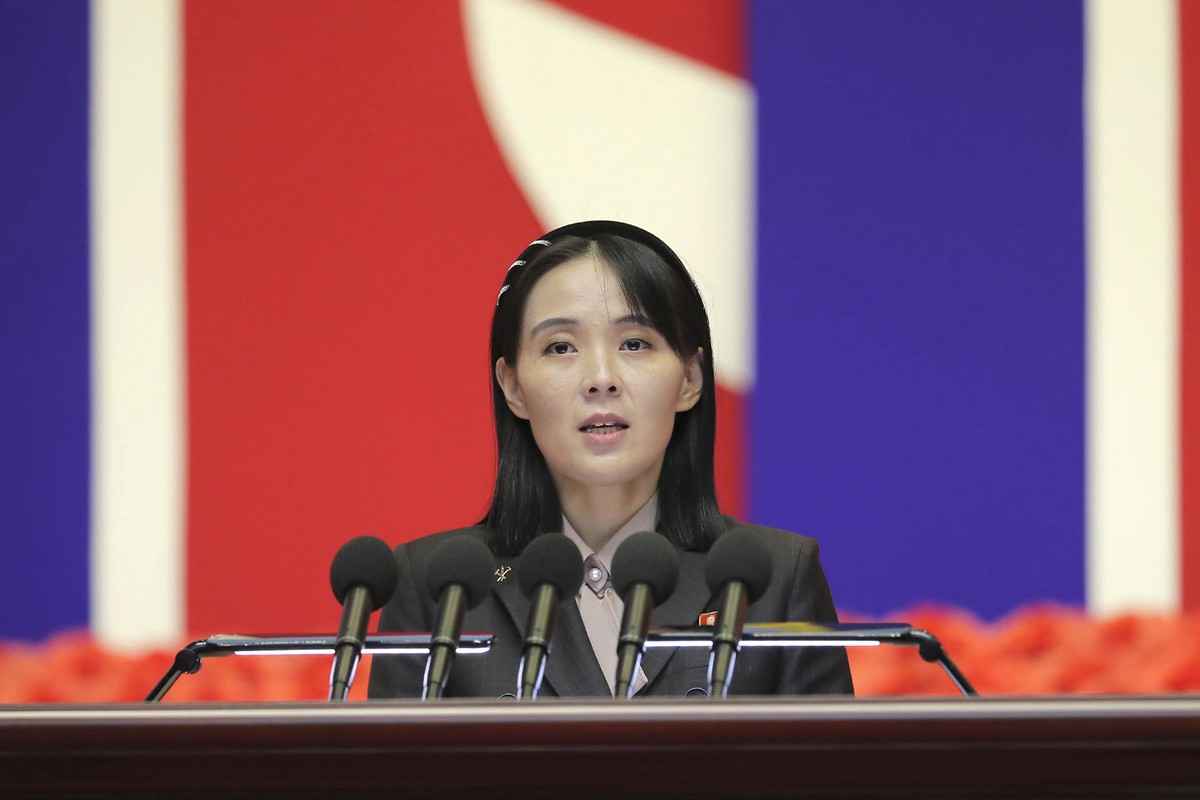 This photo provided on Aug. 14, 2022, by the North Korean government, Kim Yo Jong, sister of North Korean leader Kim Jong Un, delivers a speech during the national meeting against the coronavirus, in ...