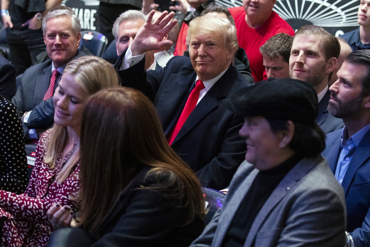 President Donald Trump waves at Madison Square Garden while attending the UFC 244 mixed martial arts fights, Saturday, Nov. 2, 2019, in New York. (AP Photo/ Evan Vucci)
Donald Trump