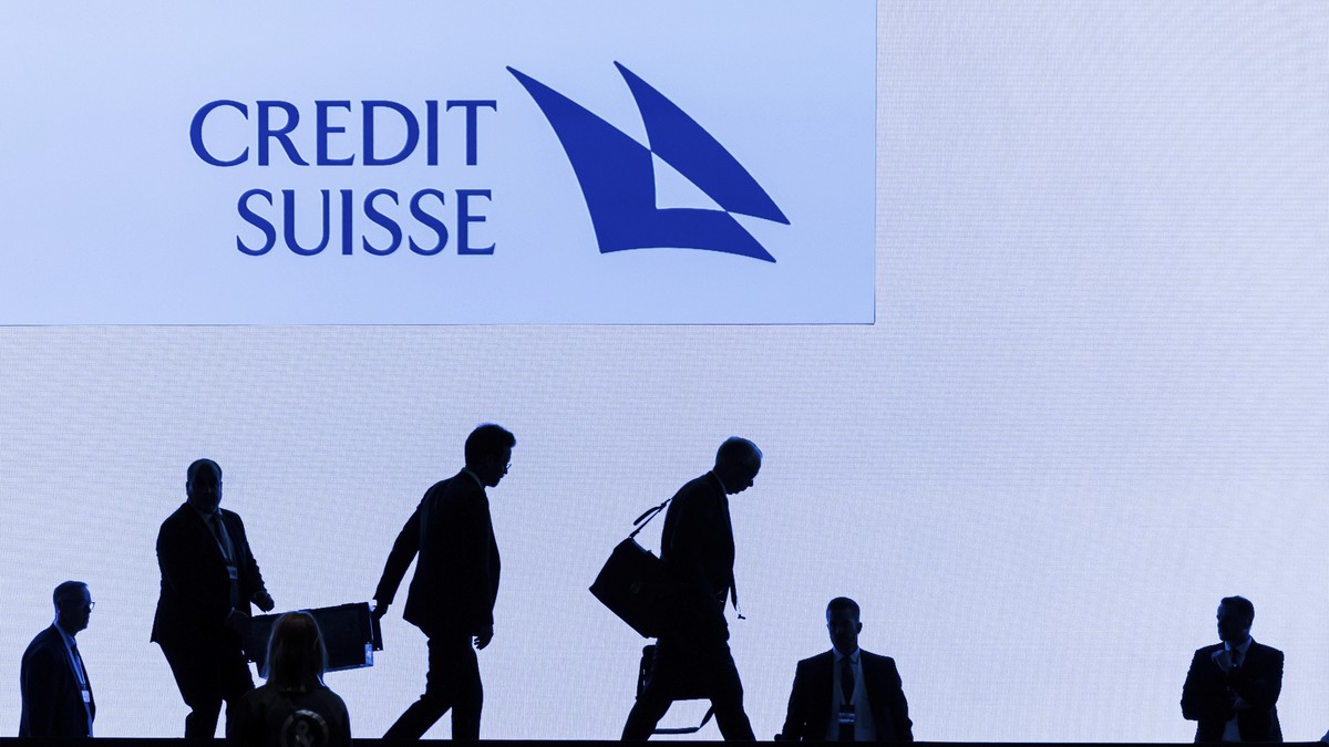 FILE - Swiss bank Credit Suisse CEO Ulrich Koerner, 3rd right, leaves the stage after the annual shareholders' meeting of the Swiss banking group on Tuesday, April 4, 2023 in Zurich, Switzerland. ...