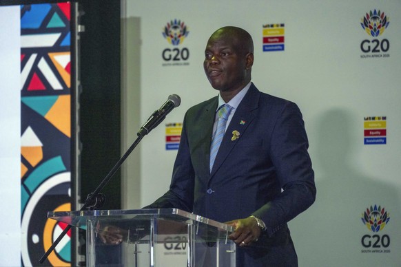 South African Minister of International Relations and Cooperation Ronald Lamola speaks with reporters after the G20 foreign ministers meeting in Johannesburg, South Africa, Friday, Feb. 21, 2025. (AP  ...