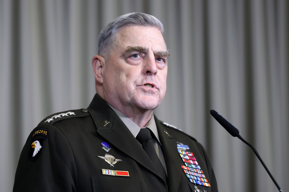epa10418523 Chairman of the Joint Chiefs of Staff, General Mark Milley speaks to the media after the third meeting of Ukraine Defense Contact Group at the US Air Base in Ramstein, Germany, 20 January  ...