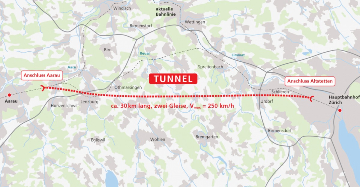 Die vorgesehene Tunnelführung zwischen Aarau und Zürich-Altstetten.