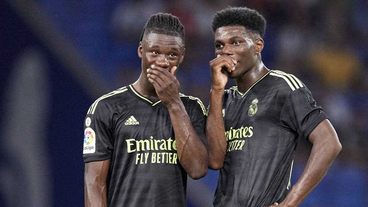 ESP: RCD Espanyol v Real Madrid CF - La Liga Santander Eduardo Camavinga and Aurelien Tchouameni of Real Madrid CF react during the La Liga Santander match between RCD Espanyol and Real Madrid CF at R ...