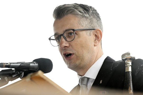 Landammann Benjamin Muehlemann an der Glarner Landsgemeinde in Glarus am Sonntag, 7. Mai 2023. (KEYSTONE/Walter Bieri)