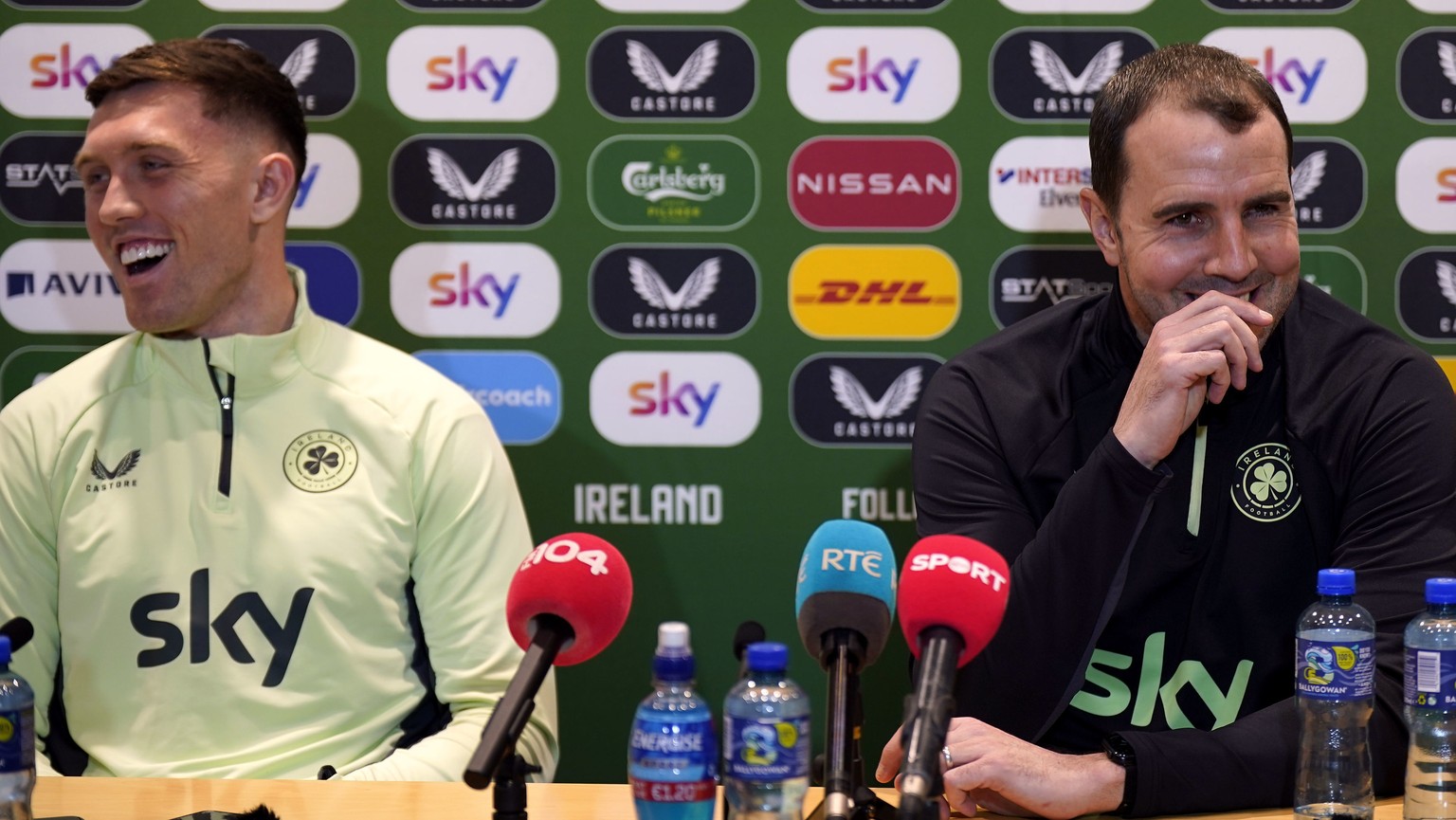 Ireland&#039;s interim coach John O&#039;Shea, right, and player Dara O&#039;Shea attend a news conference at the FAI National Training Centre in Abbotstown, Ireland, Monday, March 25, 2024. Ireland w ...
