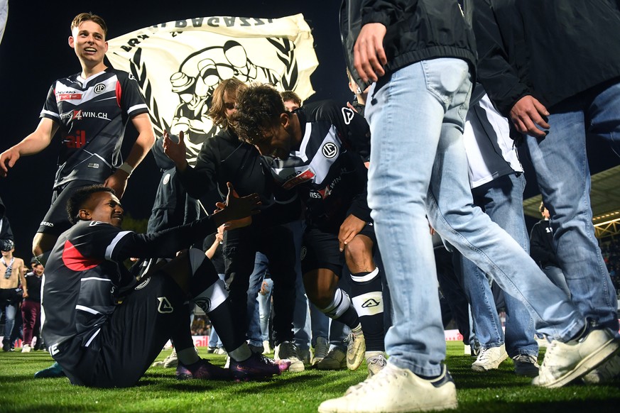Lugano&#039;s players celebrate at the end of the Swiss Cup semifinal soccer match FC Lugano against FC Luzern, at the Cornaredo stadium in Lugano, Thursday, April 21, 2022. (KEYSTONE/Ti-Press/Samuel  ...