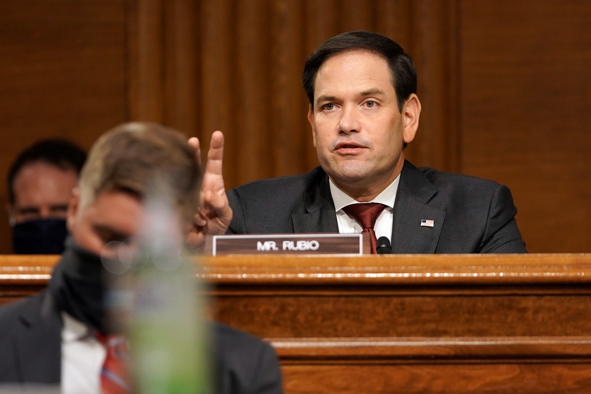 epa08574631 US Senator Marco Rubio (R-Fla.) asks a question to Secretary of State Mike Pompeo during a Senate Foreign Relations Committee hearing to discuss the Trump administration's FY 2021 bud ...