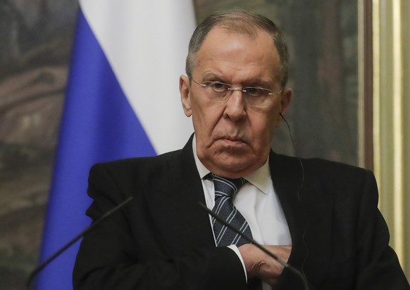epa10441147 Russia's Foreign Minister Sergei Lavrov attends a joint press conference with Egypt's foreign minister (not pictured) following their meeting in Moscow, Russia, 31 January 2023. The meetin ...