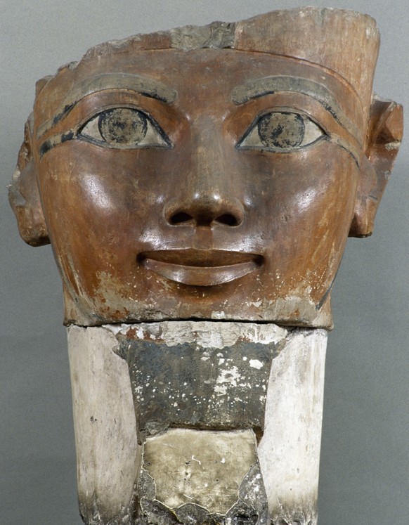 EGYPT - DECEMBER 06: Head of a painted limestone colossus of Queen Hatshepsut (1490-1470 BC), from the Temple of Hatshepsut at Deir el-Bahari, Egypt. Egyptian civilisation, New Kingdom, Dynasty XVIII. ...