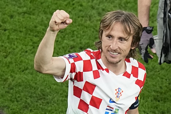 Croatia&#039;s Luka Modric celebrates after the World Cup quarterfinal soccer match between Croatia and Brazil, at the Education City Stadium in Al Rayyan, Qatar, Friday, Dec. 9, 2022. (AP Photo/Pavel ...