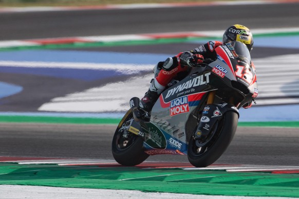epa07844873 Swiss Thomas Luethi of Kalex Intact GP in Moto2 during the Moto2 Race of the Motorcycling Grand Prix of San Marino and Riviera di Rimini at the Misano Circuit in Misano Adriatico, Italy, 1 ...