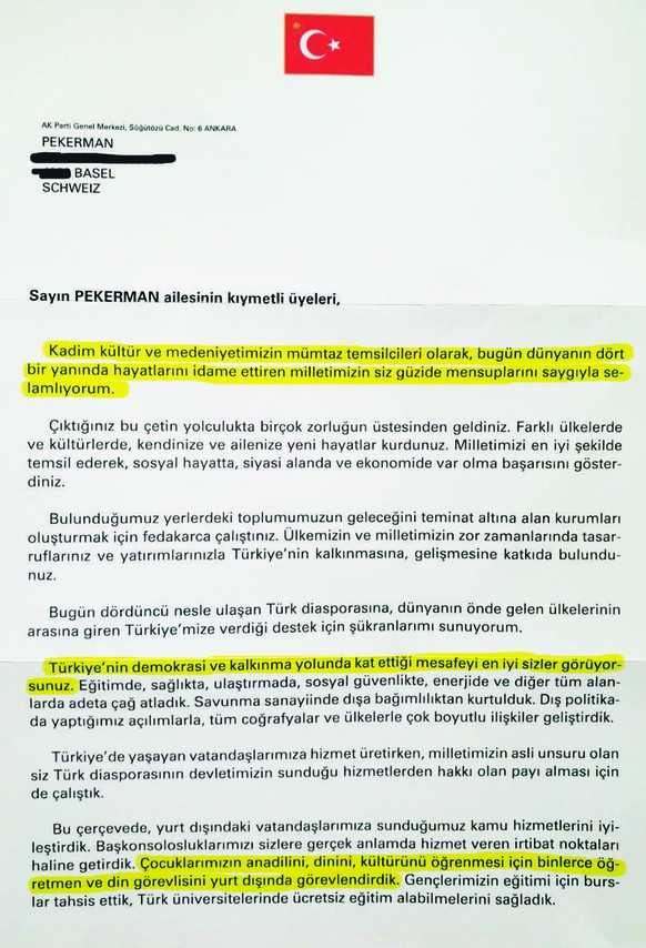 Mit diesem Brief ist Erdogan derzeit auf Stimmenfang in der Schweiz.