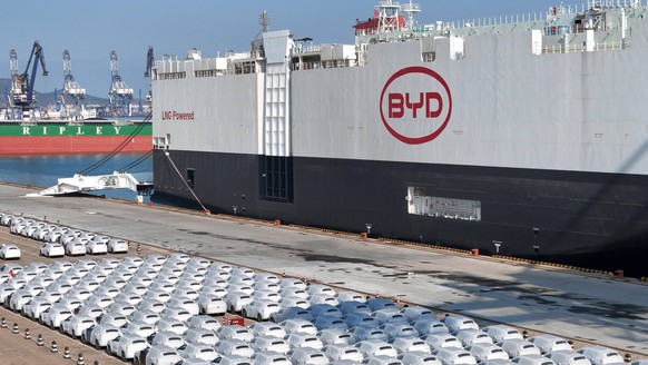 BYD Explorer No. 1 Car Carrier The BYD Explorer No. 1 car carrier is being loaded with new energy vehicles for export at the port of Yantai, Shandong Province, China, on January 10, 2024. Yantai Shand ...