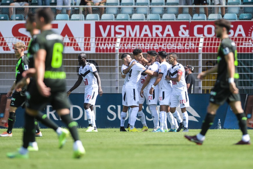 Lugano's player Celar Zan celebrates with his teamates the 1-0 goal during the pre-season friendly match between FC Lugano and FC St. Gallen, in the Cornaredo Stadium in Lugano, on Sunday, 28 August 2 ...