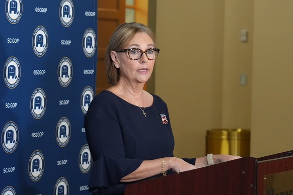 U.S. Sen. Darline Graham, R-S.C., speaks with reporters after a debate with U.S. Rep. Ralph Norman, R-S.C., ahead of the special GOP Senate runoff election to replace the late Sen. Lindsey Graham, R-S ...