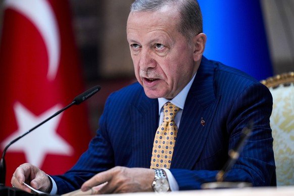 Turkish President Recep Tayyip Erdogan talks during a joint news conference with Ukrainian President Volodymyr Zelenskyy following their meeting at Dolmabahce palace in Istanbul, Turkey, Friday, March ...